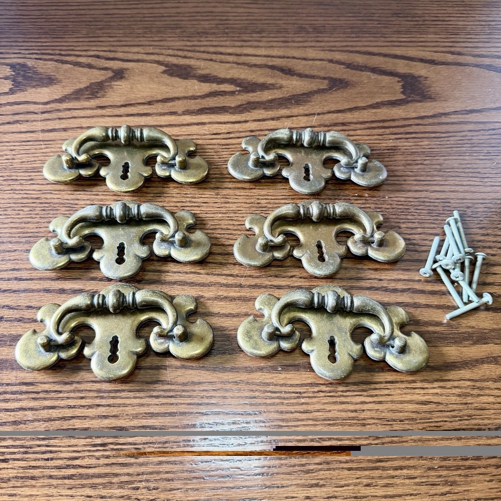 Vtg Ornate Brass Chippendale Drawer Pull Backplates French Provincial Set 6